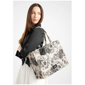 Geanta shopper dama  crem-negru - material bumbac - capacitate A4 - detalii din ecopiele