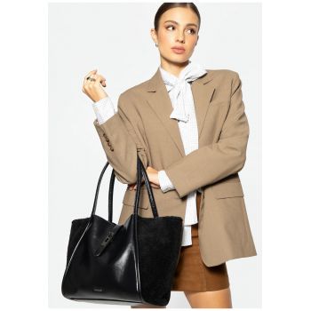 Geanta shopper dama  ecologica - neagra - cu detalii din blanita - dimensiune A4