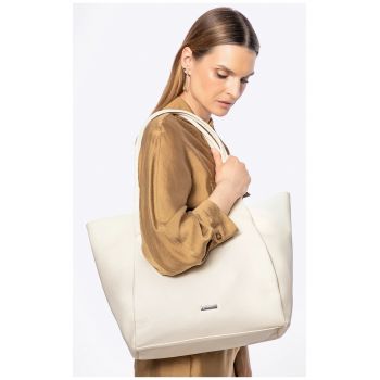 Geanta shopper dama  ecopiele - crem - cu doua buzunare - inchidere cu fermoar