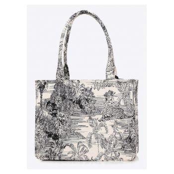 Geanta shopper dama  model cu detalii din ecopiele - capacitate A4 - negru-crem