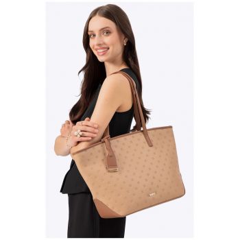 Geanta shopper din ecopiele -  bej - cu 3 compartimente - cu manere pentru purtare confortabila