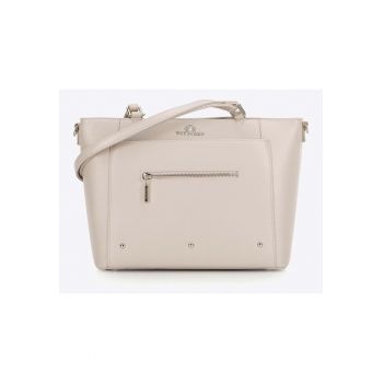 Geanta shopper din piele naturala  crem-silver - cu 4 picioare - 2 manere si curea reglabila.