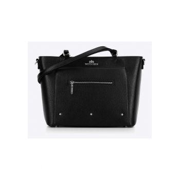 Geanta shopper din piele naturala  cu 4 picioare - negru-silver - dimensiuni 30x45cm