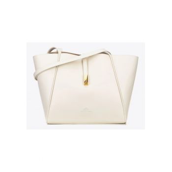 Geanta shopper din piele naturala cu bareta detasabila -  crem - 80% piele naturala - 20% microfibra