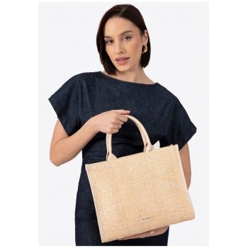 Geanta shopper din polipropilena si poliuretan -  design unic - 3 compartimente - bej