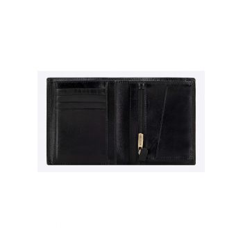 Portofel barbati  din piele naturala - 12x10cm - negru - cu 2 compartimente pentru bancnote - 9 locuri pentru carduri