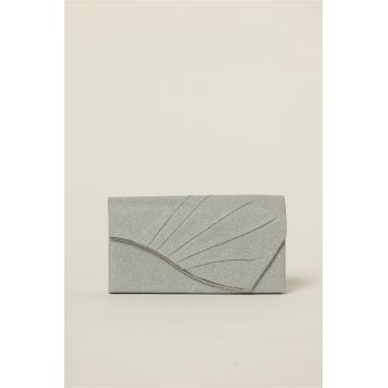 Clutch elegant argintiu cu pliuri si glitter