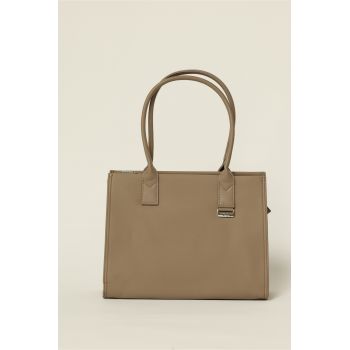 Geanta beige office cu detaliu argintiu