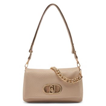 Geanta crossbody cu clapa si bareta de lant - Maro taupe deschis