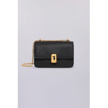 Geanta crossbody de piele cu bareta de lant - Negru