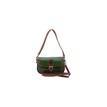 Geanta crossbody de piele cu bareta detasabila - Verde/Maro