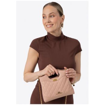 Geanta dama  minikuferek din piele naturala roz - cu detalii geometrice - cu lant si manere