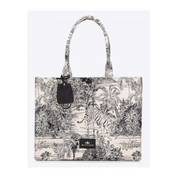 Geanta dama shopperka  material bumbac si poliester - capacitate A4 - detalii ecopiele - negru-crem