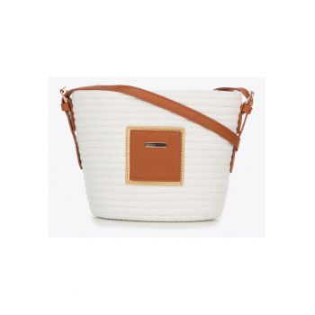 Geanta de dama  tip cos - mica - alba - din poliester si bumbac - cu detalii din ecopiele - curea reglabila