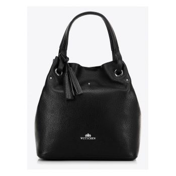 Geanta de dama tip sac  din piele naturala - neagra cu accente argintii - cu curea reglabila si design versatil