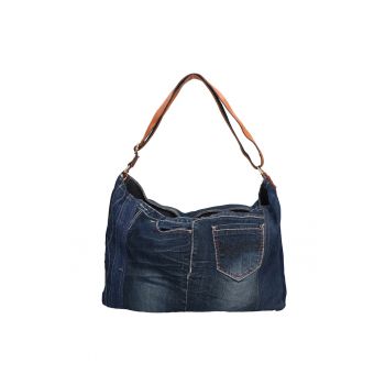 Geanta de denim cu bareta de piele - Albastru
