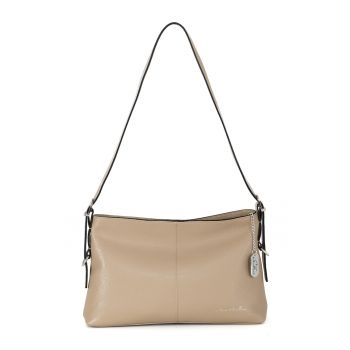 Geanta de piele cu logo si bareta de umar - Maro taupe deschis