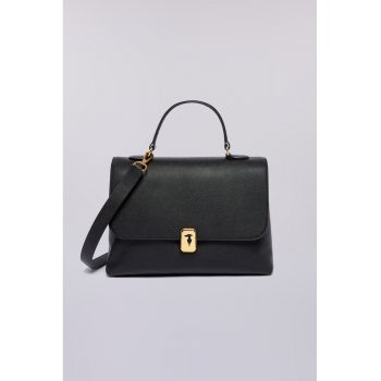 Geanta de piele cu maner si bareta aditionala - Negru