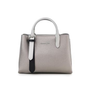 Geanta de piele ecologica cu bareta de umar si aspect texturat - Argintiu