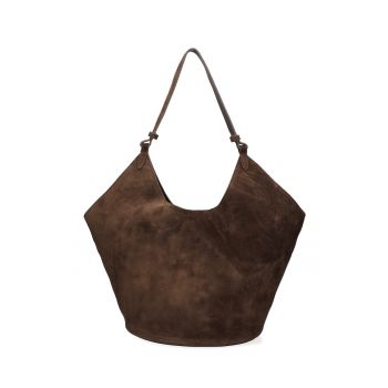 Geanta de piele intoarsa cu bareta de umar Lisabona - Maro inchis