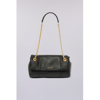 Geanta din piele cu bareta de umar - Negru