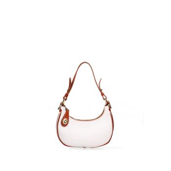 Geanta din piele cu bareta de umar si buzunar exterior cu fermoar False - Alb