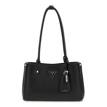 Geanta din piele ecologica cu bareta de umar si aplicatie logo Meridian - Negru