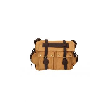Geanta messenger unisex cu detalii de piele - Caramel