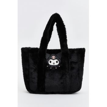 Geanta shopper cu aspect pufos si aplicatie Kuromi - Negru