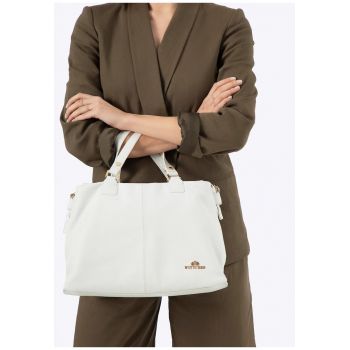 Geanta shopper din piele naturala -  doua compartimente - alba - cu curea detasabila