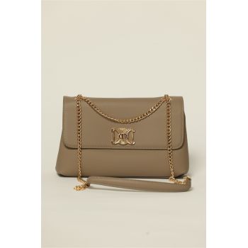 Geanta taupe eleganta cu detalii aurii