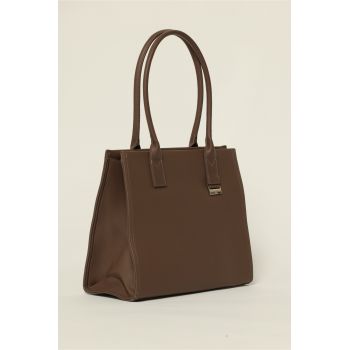 Geanta taupe office cu detaliu argintiu