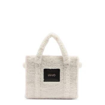 Geanta tote din material teddy - Alb fildes