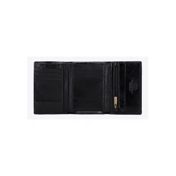 Portofel barbati  din piele naturala - 9 locuri pentru carduri - 13x9cm - negru-auriu