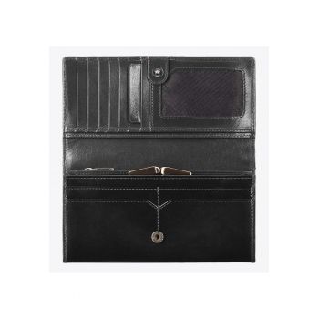 Portofel dama  din piele naturala - 3 compartimente pentru bancnote - 12 locuri pentru carduri - 10x19cm - Negru