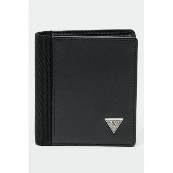 Portofel pliabil din piele cu garnitura din material textil - Negru