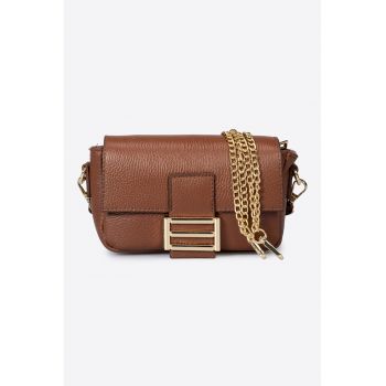 Geanta crossbody din piele cu bareta din lant - Maro