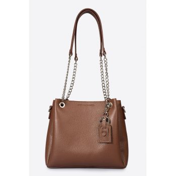 Geanta din piele cu barete din lant - Maro