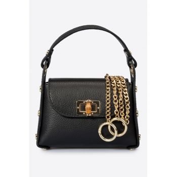Geanta din piele cu maner - tinte si bareta detasabila din lant - Negru