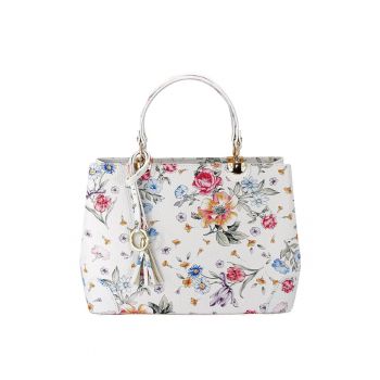 Geanta alba cu imprimeu floral din piele naturala 1330 M9 19198 - Alb
