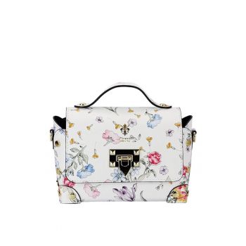 Geanta alba din piele naturala cu imprimeu floral 1616 131 19195 - Alb