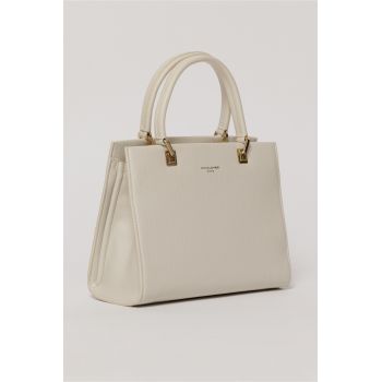 Geanta alba office patrata din piele ecologica cu maner dublu