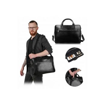 Geanta barbateasca din piele - brødrene - r05 - 15 - 6 inci - spatiu pentru laptop - 3 buzunare - curea de umar reglabila - picioare metalice - neagra - material: piele naturala - finisaj elegant - producator polonez - manere solide - capacitate