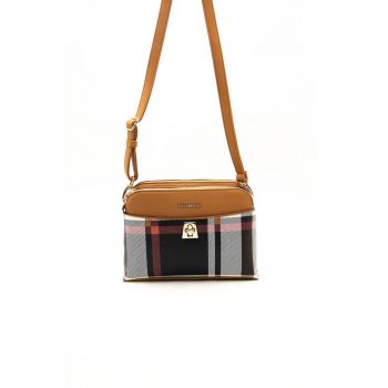 Geanta crossbody de piele ecologica cu model in carouri - Negru/Maro deschis