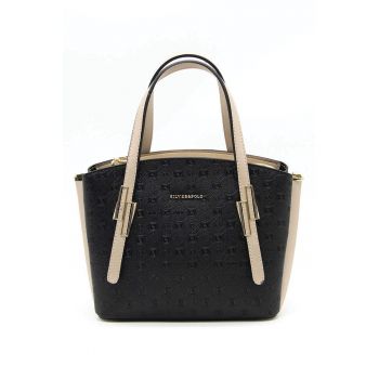 Geanta de piele ecologica cu bareta de umar si aspect texturat - Negru/Maro camel