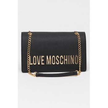 Geanta de piele ecologica cu bareta de umar si logo metalic - Negru