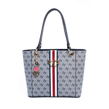 Geanta de piele ecologica cu model monograma - Albastru deschis