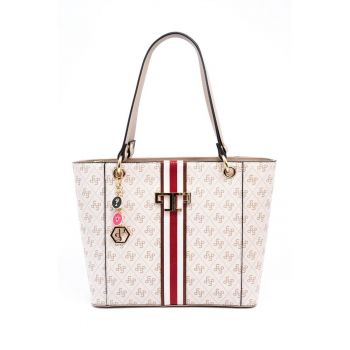 Geanta de piele ecologica cu model monograma - Rosu/Alb/Crem