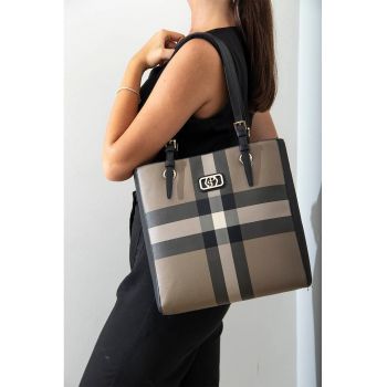 Geanta de piele ecologica - Negru/Maro camel