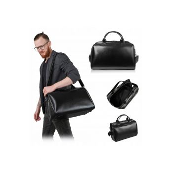 Geanta de voiaj - Brødrene - R40 - Negru - Piele naturala de inalta calitate - Eleganta - Practica - Manere confortabile - Curea de umar reglabila - Spatioasa - Functionala - Productie poloneza - Manere solide - Fermoar metalic dublu - Design universal -